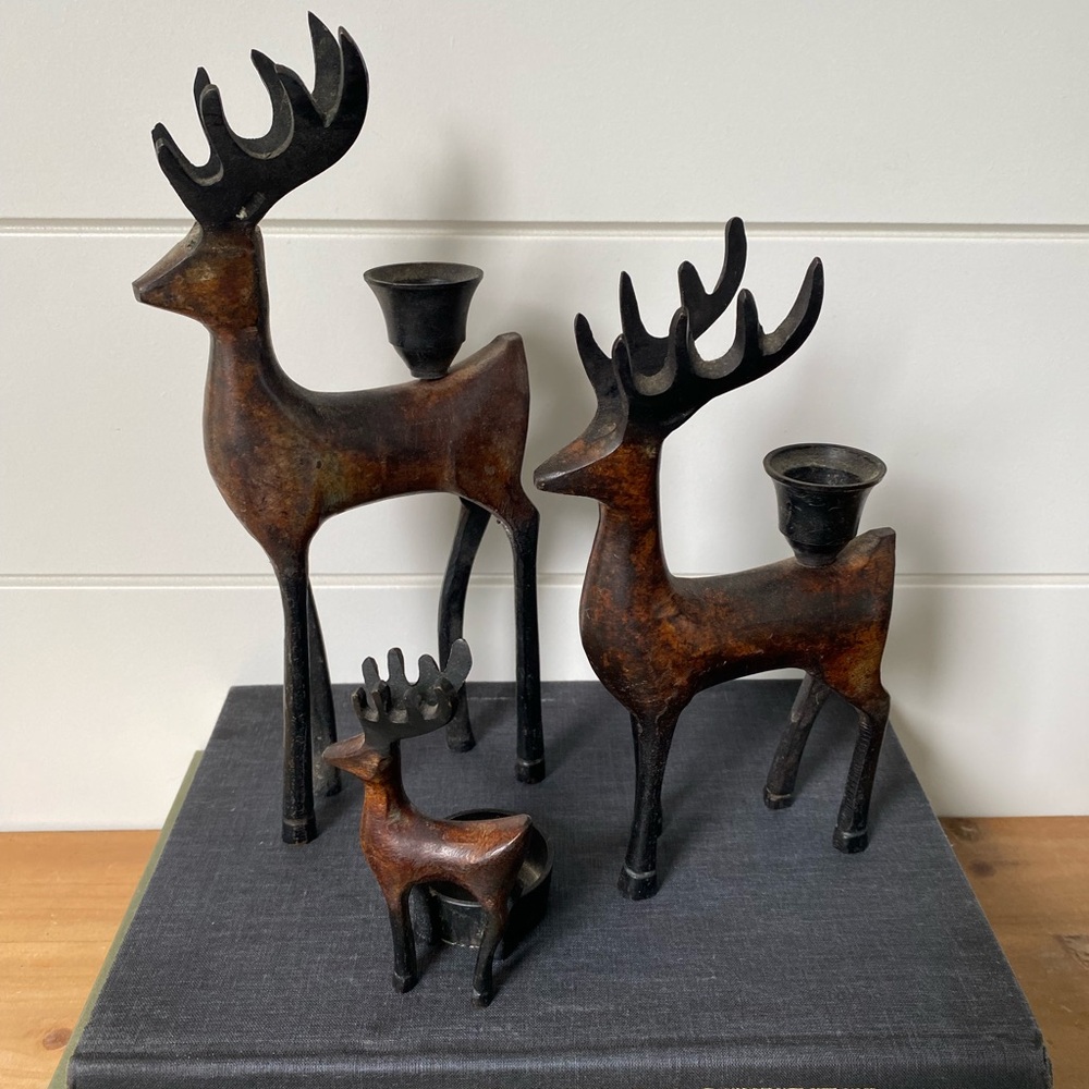 3 Rustic Metallic Bronze Reindeer Candle Holders Whimsical Festive Châteaucore